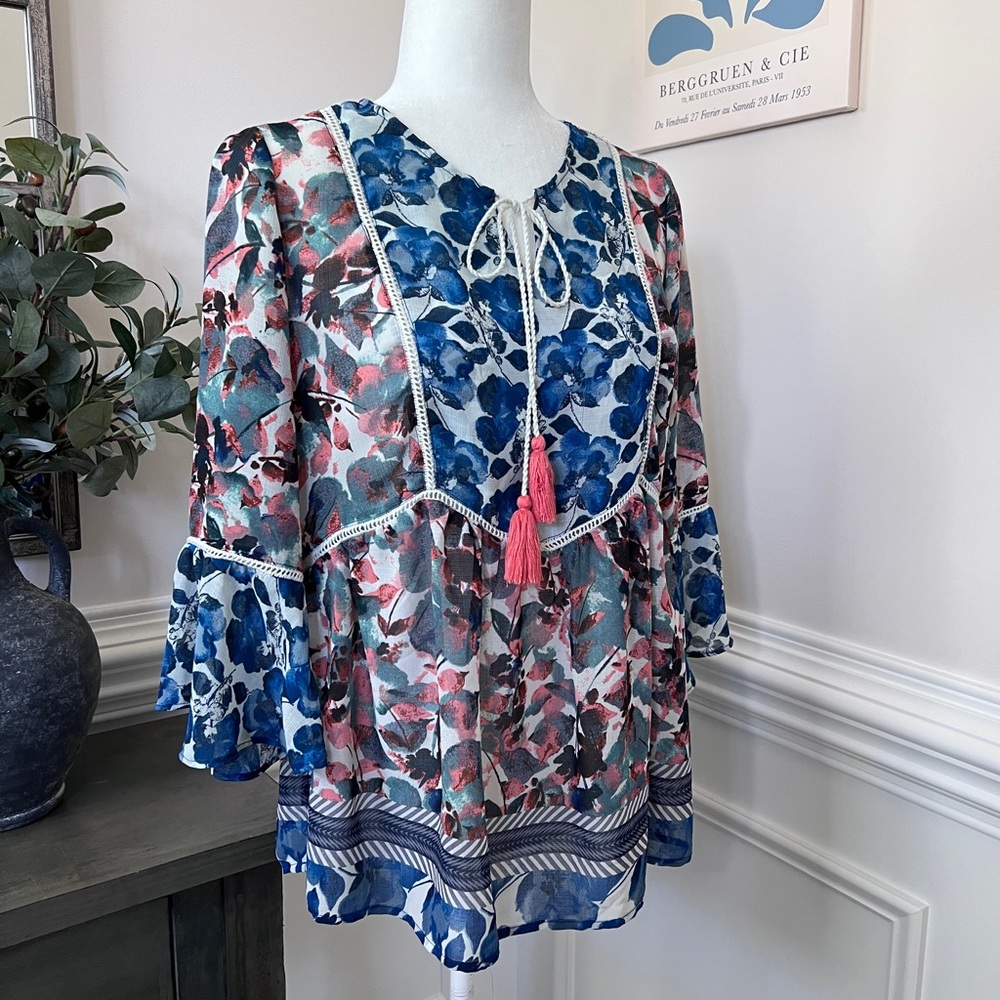 Vintage America Blue Floral Color Block 3/4 Sleeve Boho Tie Front Top M